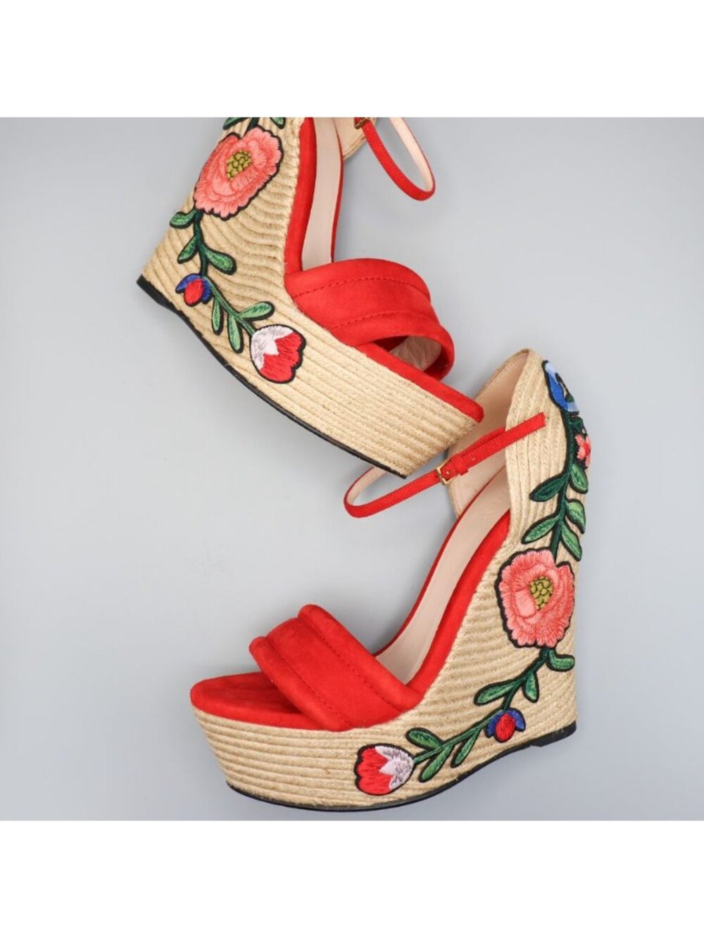 Gucci Ophelia Hibiscus Red Suede Floral Crewel Wedge Platform Espadrille 38 Box - Picture 14 of 16